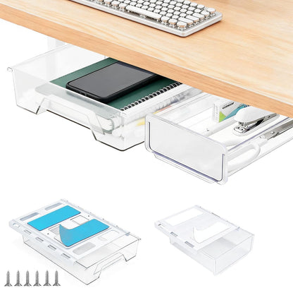 10.91"x 8.23" Under Desk Drawer Storage Organizer, Durable PC Material Self-Adhesive with Slide Out Rail, Hidden Hanging Desk Drawer for Office Supplies, Stationery, No Drilling Install, Black