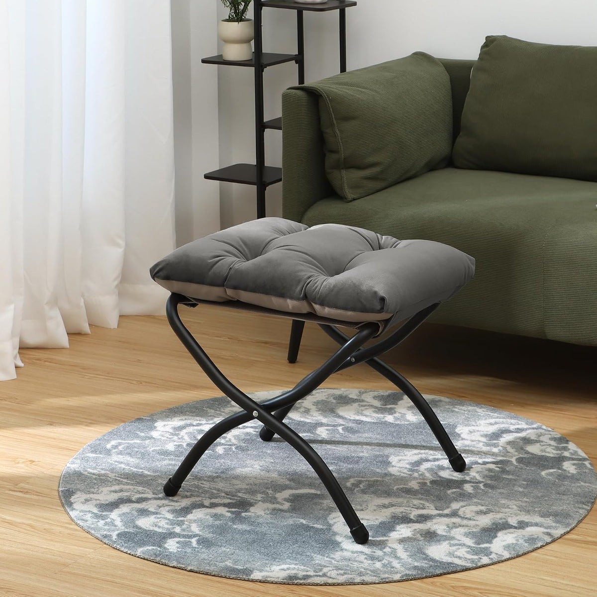 15"(H) Folding Ottoman, Foldable Footrest Stool, Portable Small Foot Stool for Couch, Collapsible Foot Rest Ottoman for Sofa, Accent Padded Ottomans for Living Room, Bedroom, Dark Grey