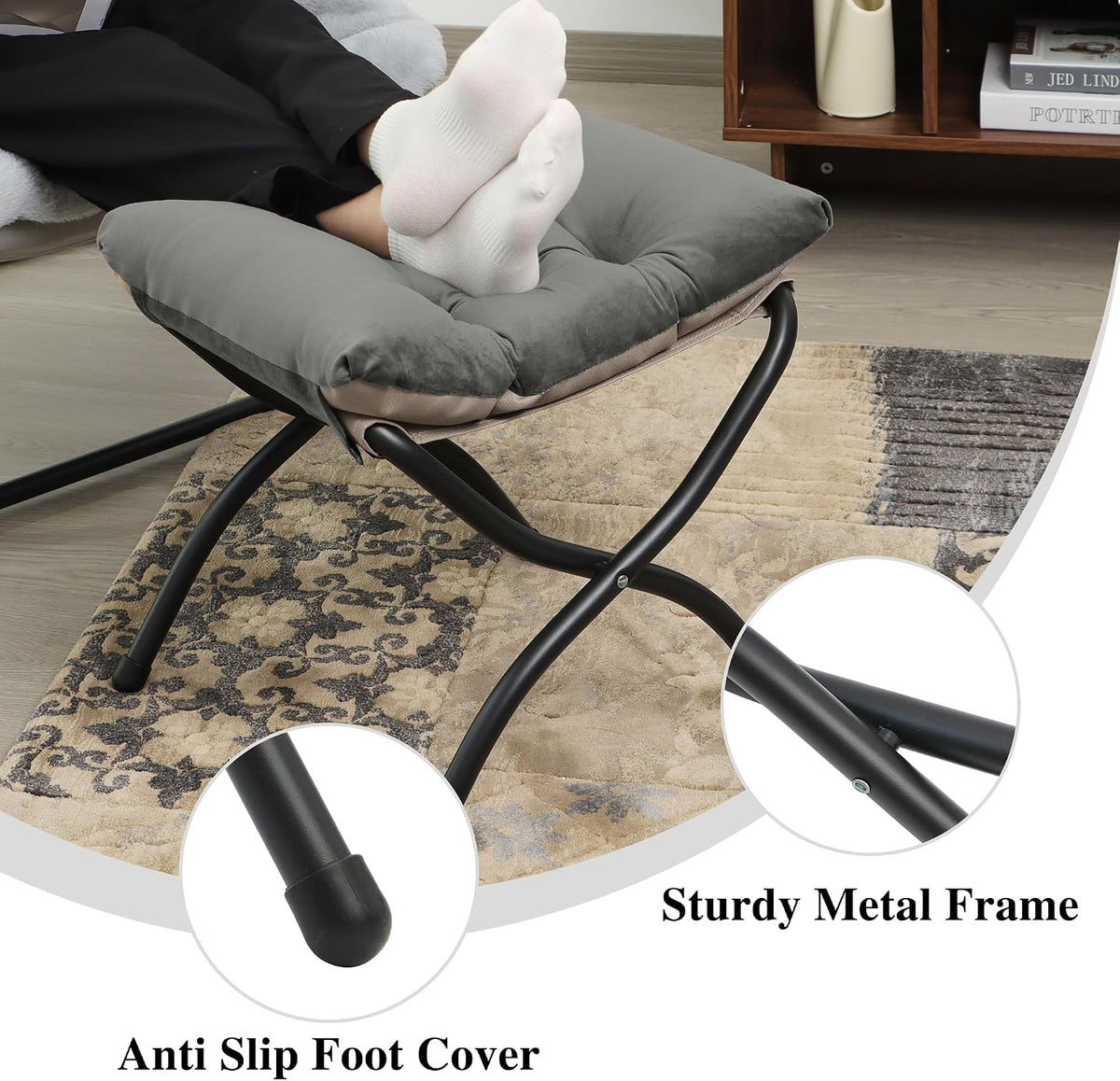 15"(H) Folding Ottoman, Foldable Footrest Stool, Portable Small Foot Stool for Couch, Collapsible Foot Rest Ottoman for Sofa, Accent Padded Ottomans for Living Room, Bedroom, Dark Grey
