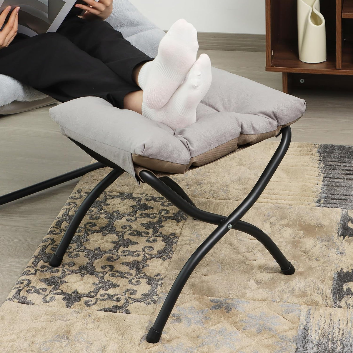 15"(H) Folding Ottoman, Foldable Footrest Stool, Portable Small Foot Stool for Couch, Collapsible Foot Rest Ottoman for Sofa, Accent Padded Ottomans for Living Room, Bedroom, Dark Grey