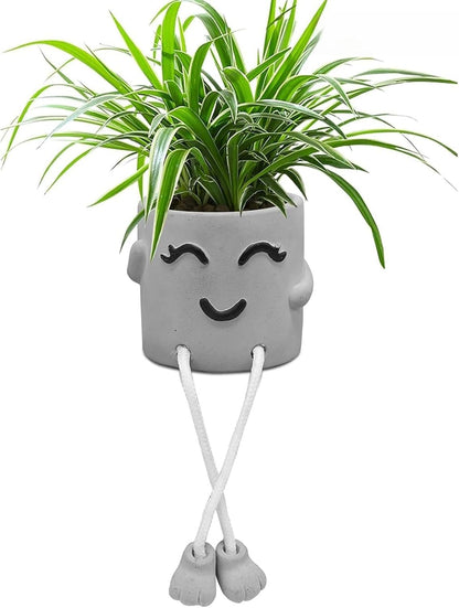 Gray Cute Smiley Cement Planter, Small Plant Pot, Indoor Succulent Pot, Fun Planter with Hanging Feet for Living Room, Office, Desk and Bathroom Shelf Decor (Plants Not Included).