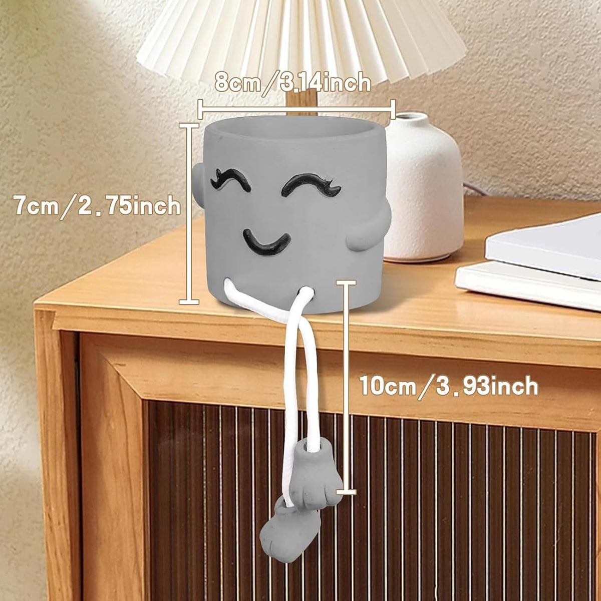 Gray Cute Smiley Cement Planter, Small Plant Pot, Indoor Succulent Pot, Fun Planter with Hanging Feet for Living Room, Office, Desk and Bathroom Shelf Decor (Plants Not Included).