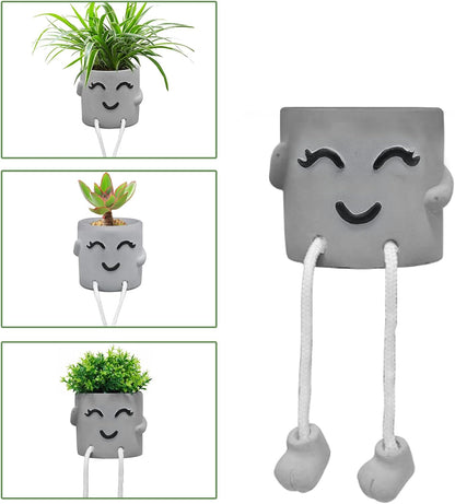 Gray Cute Smiley Cement Planter, Small Plant Pot, Indoor Succulent Pot, Fun Planter with Hanging Feet for Living Room, Office, Desk and Bathroom Shelf Decor (Plants Not Included).