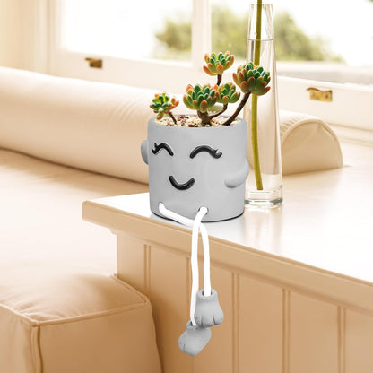 Gray Cute Smiley Cement Planter, Small Plant Pot, Indoor Succulent Pot, Fun Planter with Hanging Feet for Living Room, Office, Desk and Bathroom Shelf Decor (Plants Not Included).