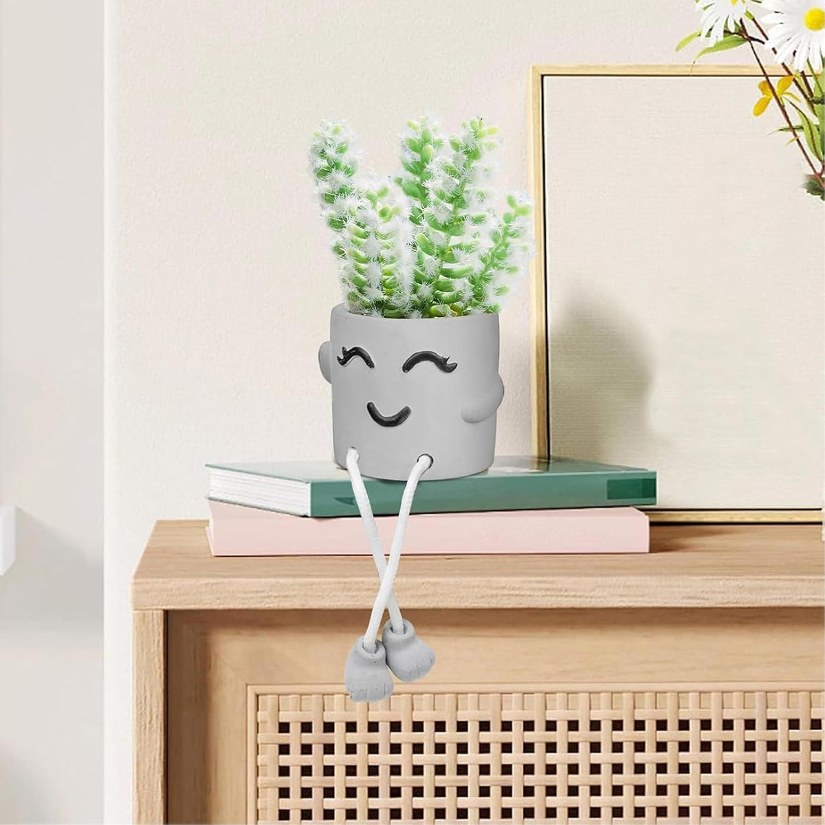 Gray Cute Smiley Cement Planter, Small Plant Pot, Indoor Succulent Pot, Fun Planter with Hanging Feet for Living Room, Office, Desk and Bathroom Shelf Decor (Plants Not Included).
