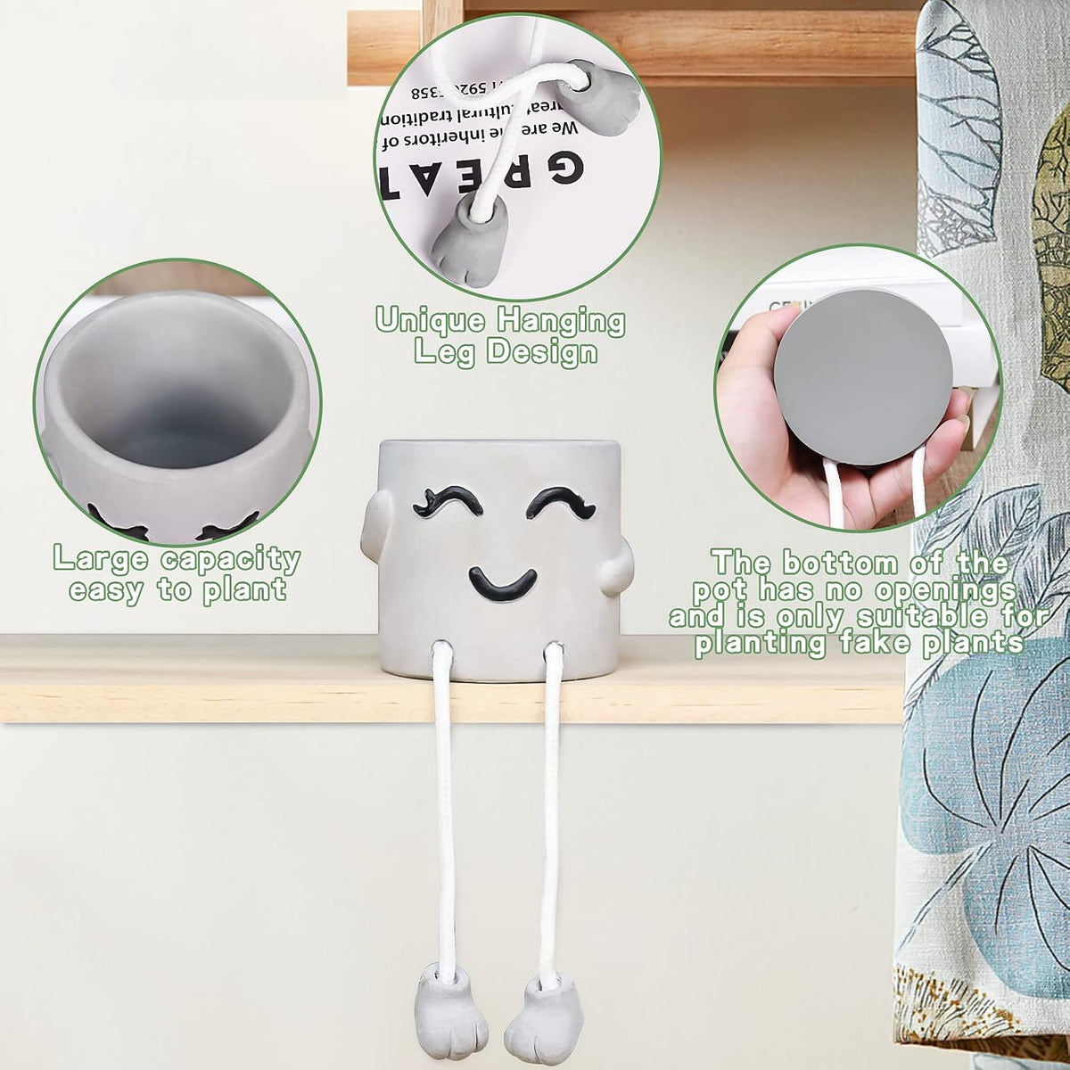 Gray Cute Smiley Cement Planter, Small Plant Pot, Indoor Succulent Pot, Fun Planter with Hanging Feet for Living Room, Office, Desk and Bathroom Shelf Decor (Plants Not Included).