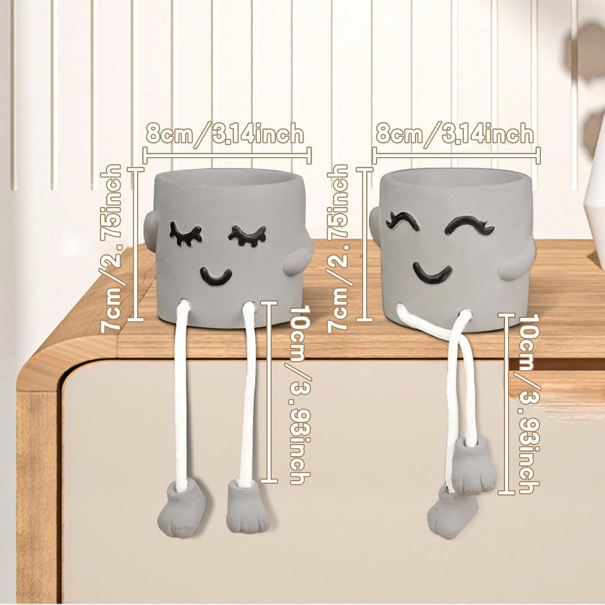 Gray Cute Smiley Cement Planter, Small Plant Pot, Indoor Succulent Pot, Fun Planter with Hanging Feet for Living Room, Office, Desk and Bathroom Shelf Decor (Plants Not Included).