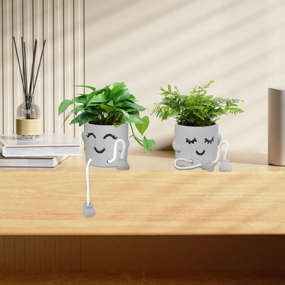 Gray Cute Smiley Cement Planter, Small Plant Pot, Indoor Succulent Pot, Fun Planter with Hanging Feet for Living Room, Office, Desk and Bathroom Shelf Decor (Plants Not Included).
