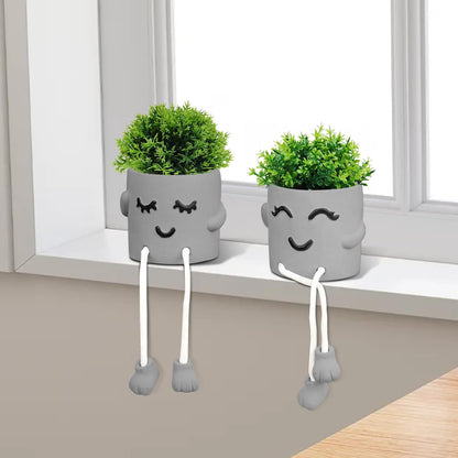 Gray Cute Smiley Cement Planter, Small Plant Pot, Indoor Succulent Pot, Fun Planter with Hanging Feet for Living Room, Office, Desk and Bathroom Shelf Decor (Plants Not Included).