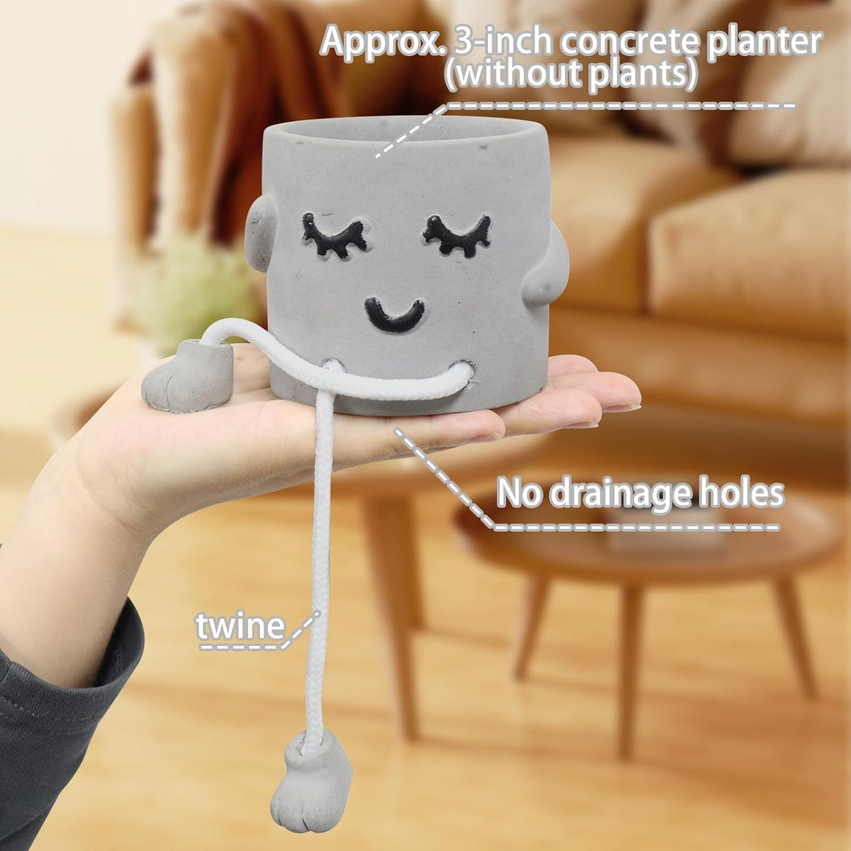 Gray Cute Smiley Cement Planter, Small Plant Pot, Indoor Succulent Pot, Fun Planter with Hanging Feet for Living Room, Office, Desk and Bathroom Shelf Decor (Plants Not Included).