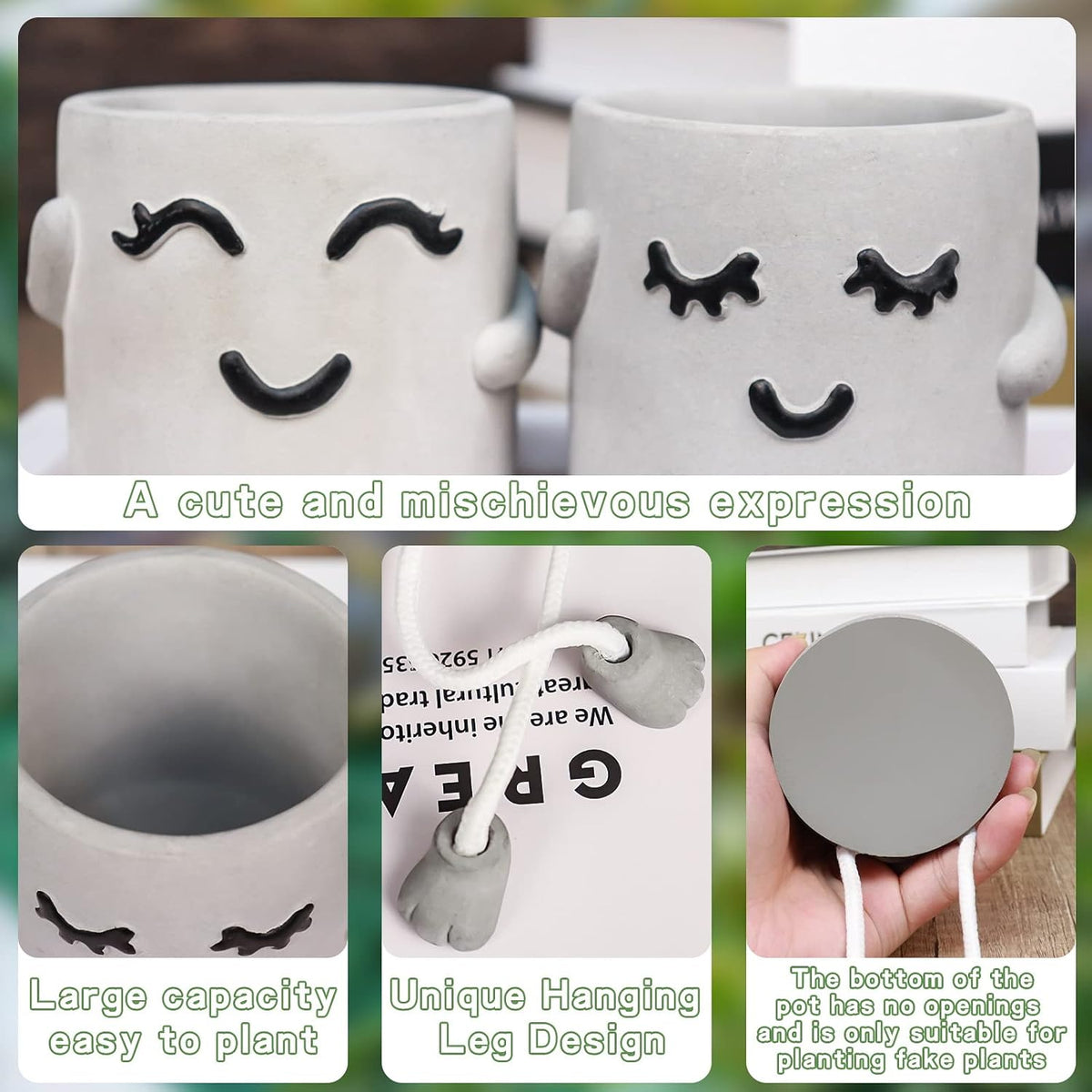 Gray Cute Smiley Cement Planter, Small Plant Pot, Indoor Succulent Pot, Fun Planter with Hanging Feet for Living Room, Office, Desk and Bathroom Shelf Decor (Plants Not Included).