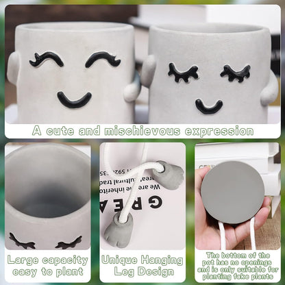 Gray Cute Smiley Cement Planter, Small Plant Pot, Indoor Succulent Pot, Fun Planter with Hanging Feet for Living Room, Office, Desk and Bathroom Shelf Decor (Plants Not Included).