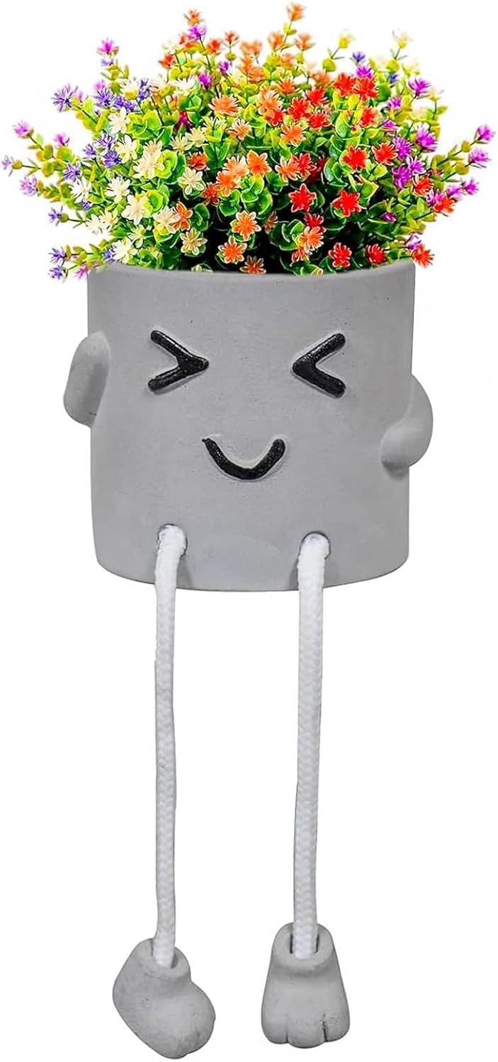 Gray Cute Smiley Cement Planter, Small Plant Pot, Indoor Succulent Pot, Fun Planter with Hanging Feet for Living Room, Office, Desk and Bathroom Shelf Decor (Plants Not Included).
