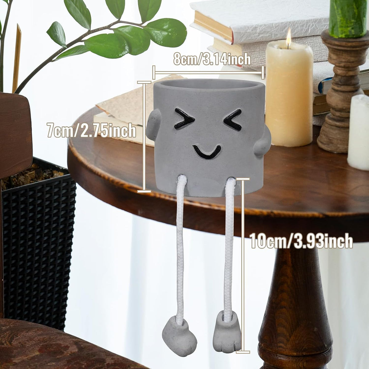 Gray Cute Smiley Cement Planter, Small Plant Pot, Indoor Succulent Pot, Fun Planter with Hanging Feet for Living Room, Office, Desk and Bathroom Shelf Decor (Plants Not Included).
