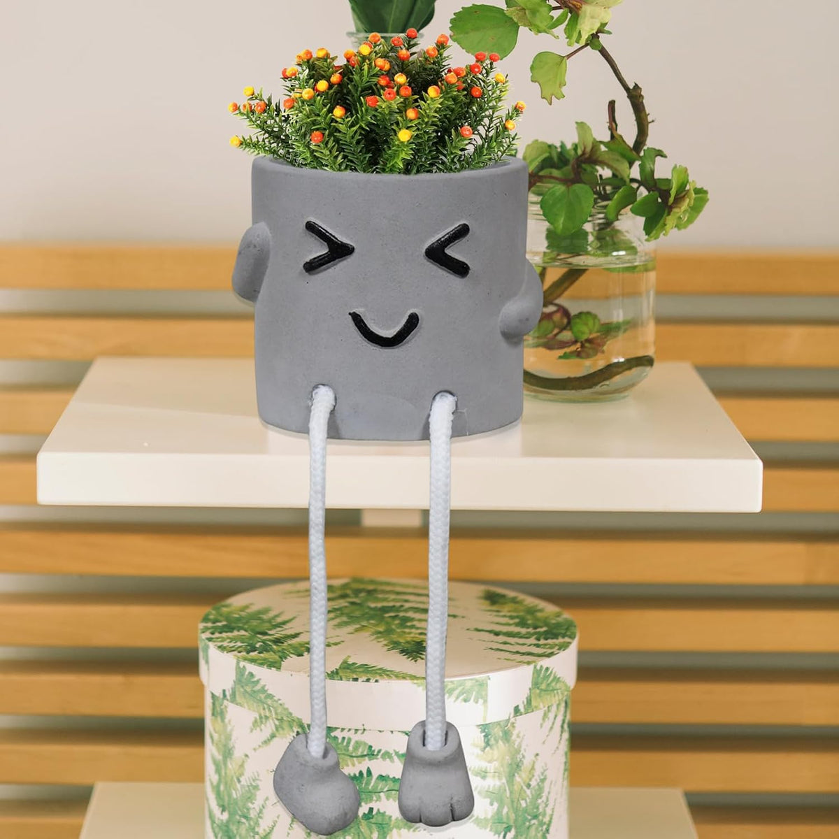 Gray Cute Smiley Cement Planter, Small Plant Pot, Indoor Succulent Pot, Fun Planter with Hanging Feet for Living Room, Office, Desk and Bathroom Shelf Decor (Plants Not Included).
