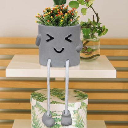 Gray Cute Smiley Cement Planter, Small Plant Pot, Indoor Succulent Pot, Fun Planter with Hanging Feet for Living Room, Office, Desk and Bathroom Shelf Decor (Plants Not Included).