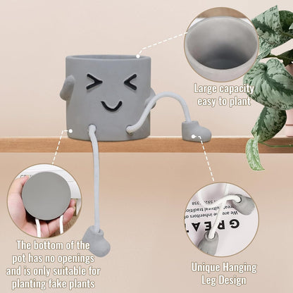 Gray Cute Smiley Cement Planter, Small Plant Pot, Indoor Succulent Pot, Fun Planter with Hanging Feet for Living Room, Office, Desk and Bathroom Shelf Decor (Plants Not Included).