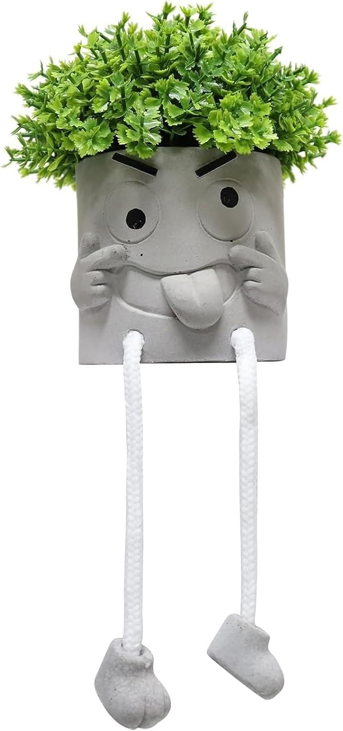Gray Cute Smiley Cement Planter, Small Plant Pot, Indoor Succulent Pot, Fun Planter with Hanging Feet for Living Room, Office, Desk and Bathroom Shelf Decor (Plants Not Included).