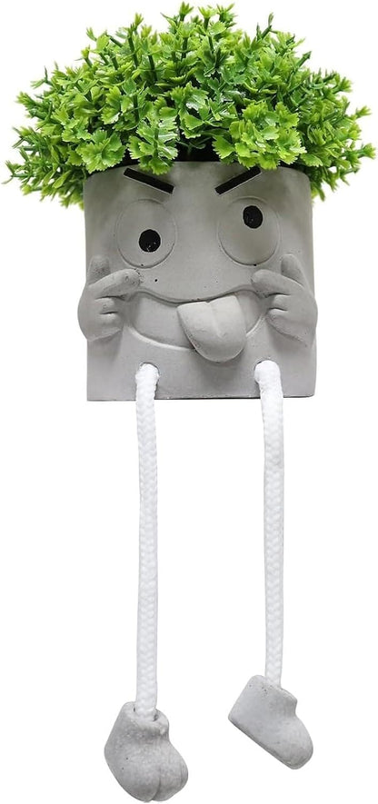 Gray Cute Smiley Cement Planter, Small Plant Pot, Indoor Succulent Pot, Fun Planter with Hanging Feet for Living Room, Office, Desk and Bathroom Shelf Decor (Plants Not Included).