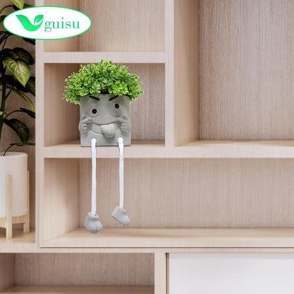 Gray Cute Smiley Cement Planter, Small Plant Pot, Indoor Succulent Pot, Fun Planter with Hanging Feet for Living Room, Office, Desk and Bathroom Shelf Decor (Plants Not Included).