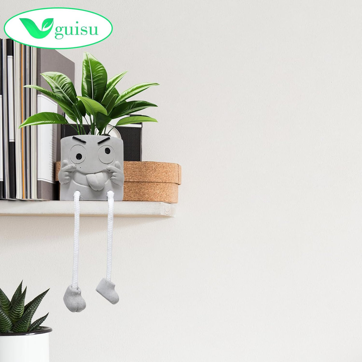 Gray Cute Smiley Cement Planter, Small Plant Pot, Indoor Succulent Pot, Fun Planter with Hanging Feet for Living Room, Office, Desk and Bathroom Shelf Decor (Plants Not Included).
