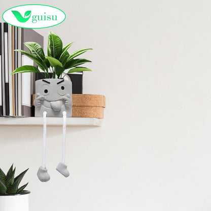 Gray Cute Smiley Cement Planter, Small Plant Pot, Indoor Succulent Pot, Fun Planter with Hanging Feet for Living Room, Office, Desk and Bathroom Shelf Decor (Plants Not Included).