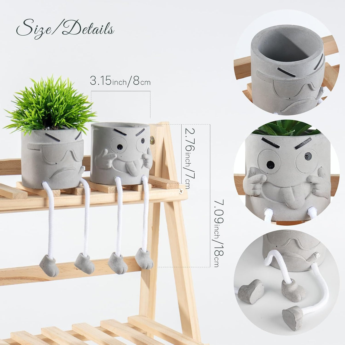 Gray Cute Smiley Cement Planter, Small Plant Pot, Indoor Succulent Pot, Fun Planter with Hanging Feet for Living Room, Office, Desk and Bathroom Shelf Decor (Plants Not Included).