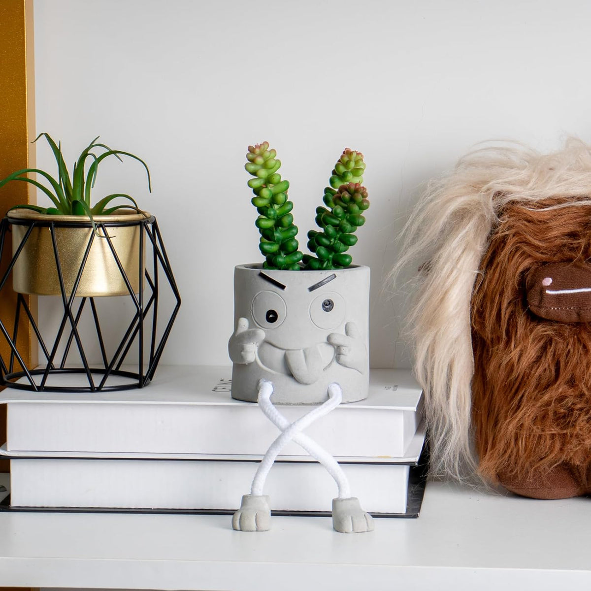 Gray Cute Smiley Cement Planter, Small Plant Pot, Indoor Succulent Pot, Fun Planter with Hanging Feet for Living Room, Office, Desk and Bathroom Shelf Decor (Plants Not Included).