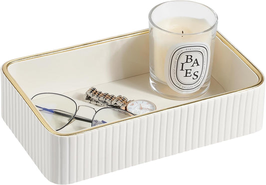 Desk Organizer Tray, PU Leather Nightstand Organizer, Ivory, Small