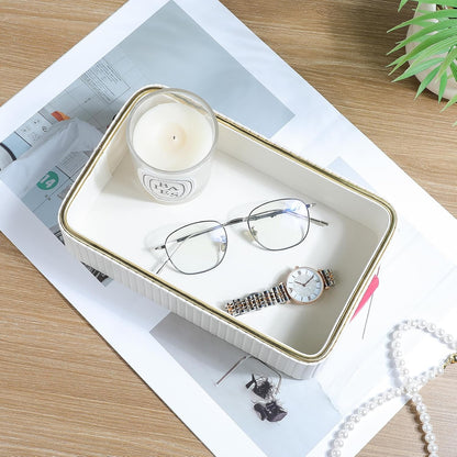 Desk Organizer Tray, PU Leather Nightstand Organizer, Ivory, Small