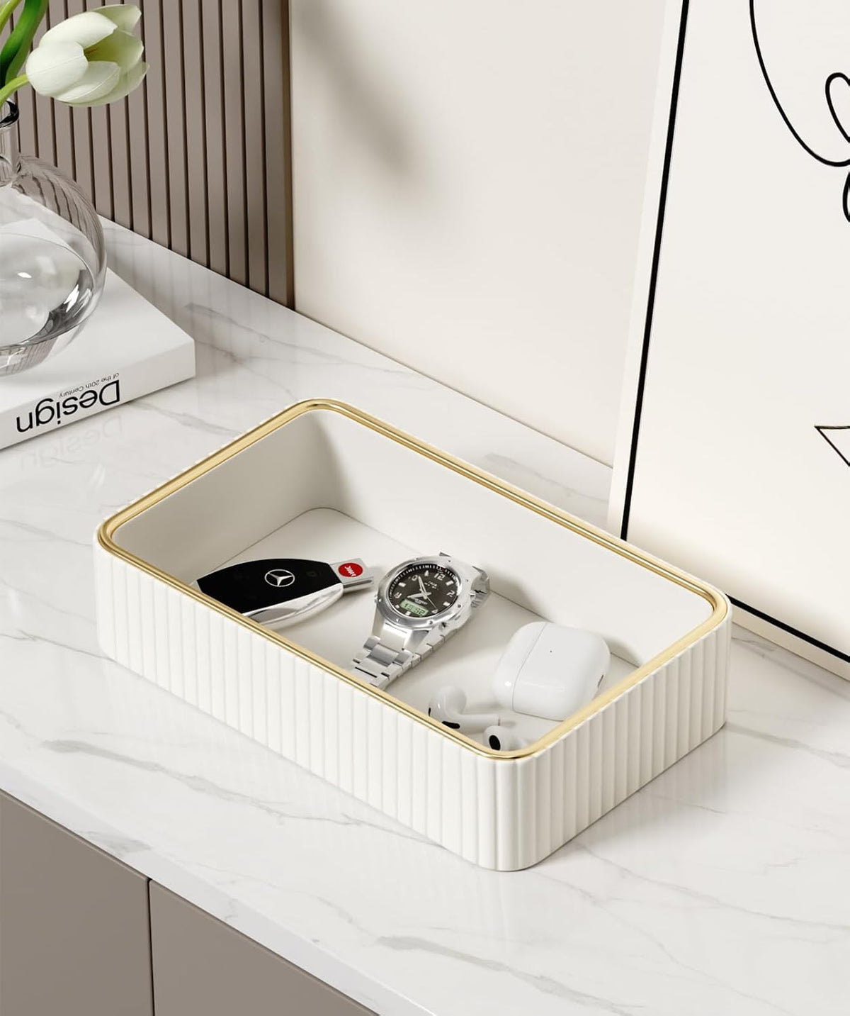 Desk Organizer Tray, PU Leather Nightstand Organizer, Ivory, Small