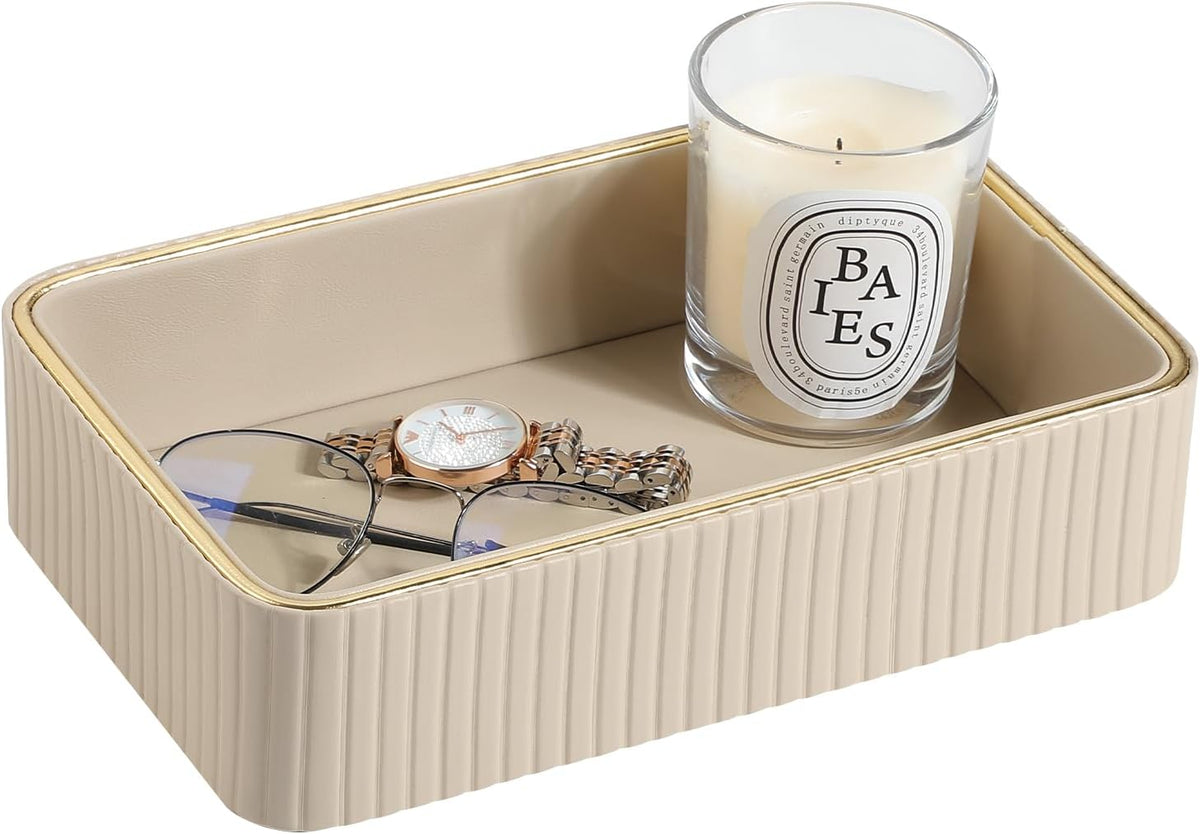 Desk Organizer Tray, PU Leather Nightstand Organizer, Ivory, Small