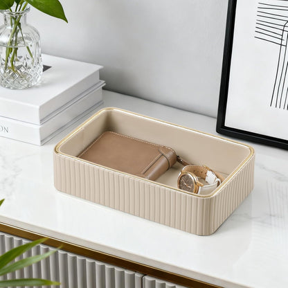 Desk Organizer Tray, PU Leather Nightstand Organizer, Ivory, Small