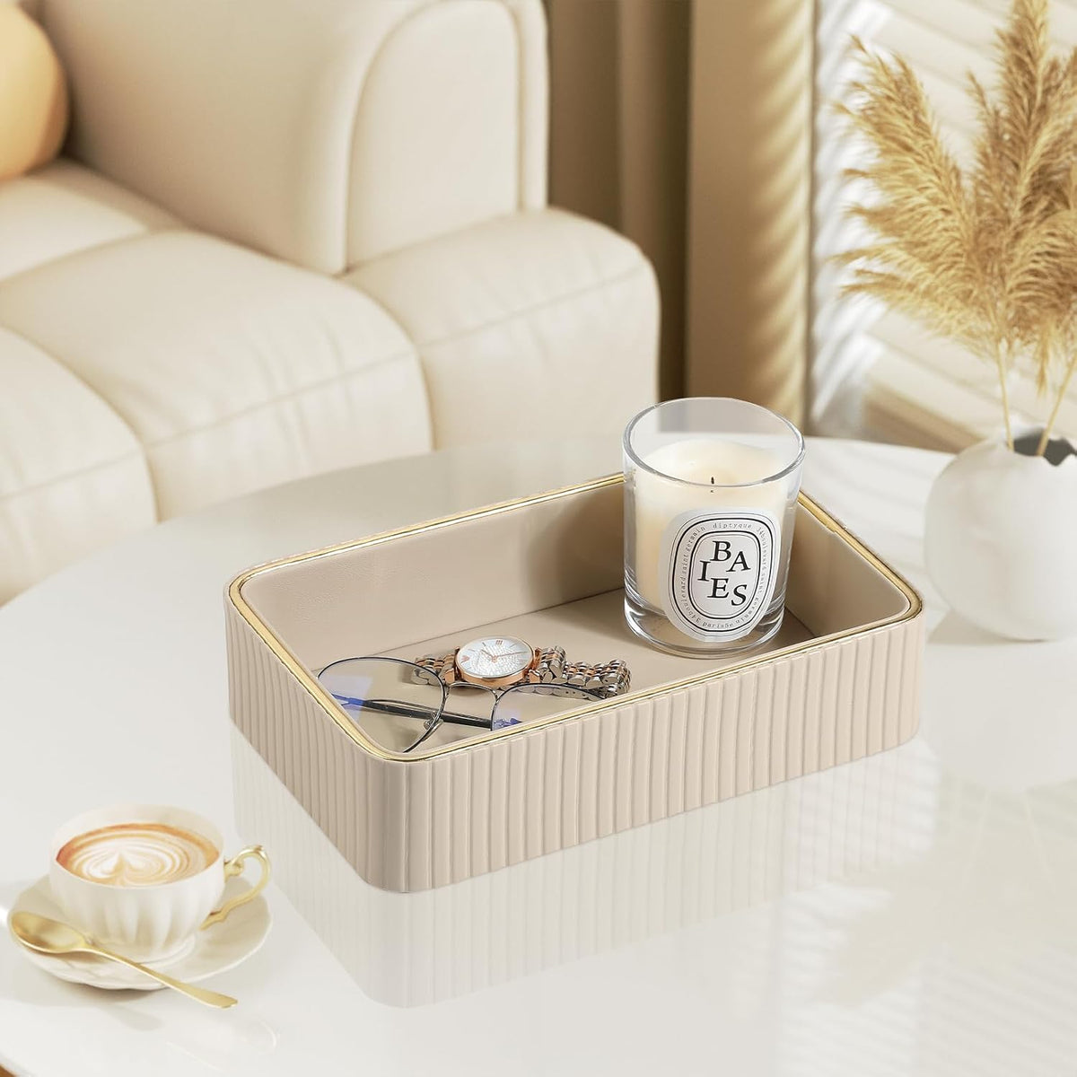 Desk Organizer Tray, PU Leather Nightstand Organizer, Ivory, Small