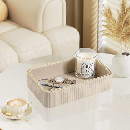 Desk Organizer Tray, PU Leather Nightstand Organizer, Ivory, Small
