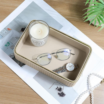 Desk Organizer Tray, PU Leather Nightstand Organizer, Ivory, Small