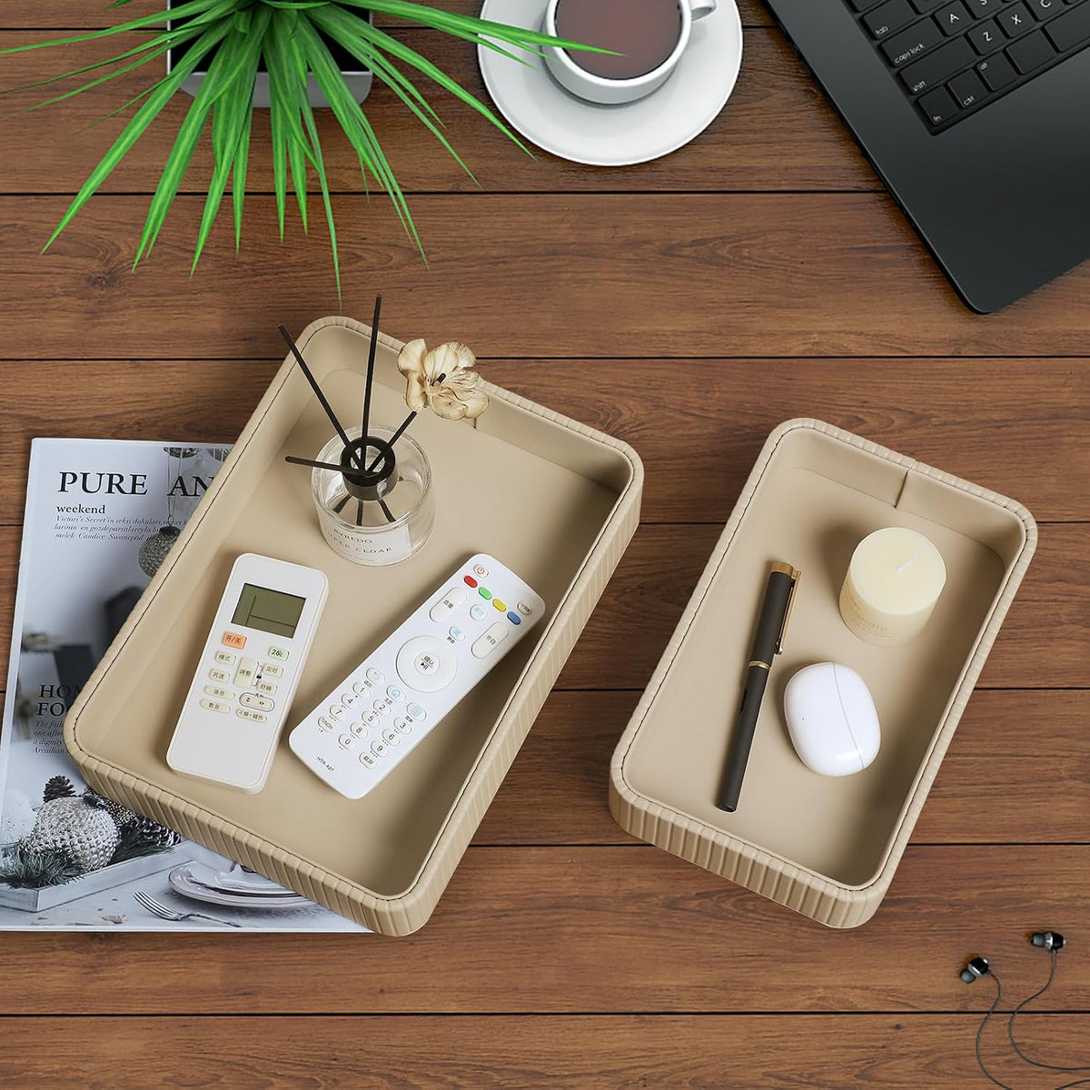 Desk Organizer Tray, PU Leather Nightstand Organizer, Ivory, Small