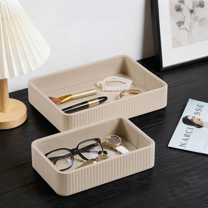 Desk Organizer Tray, PU Leather Nightstand Organizer, Ivory, Small