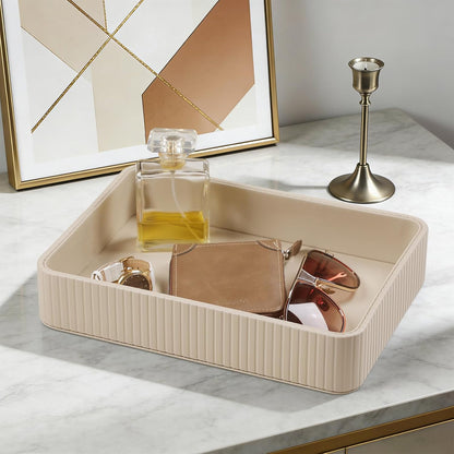 Desk Organizer Tray, PU Leather Nightstand Organizer, Ivory, Small