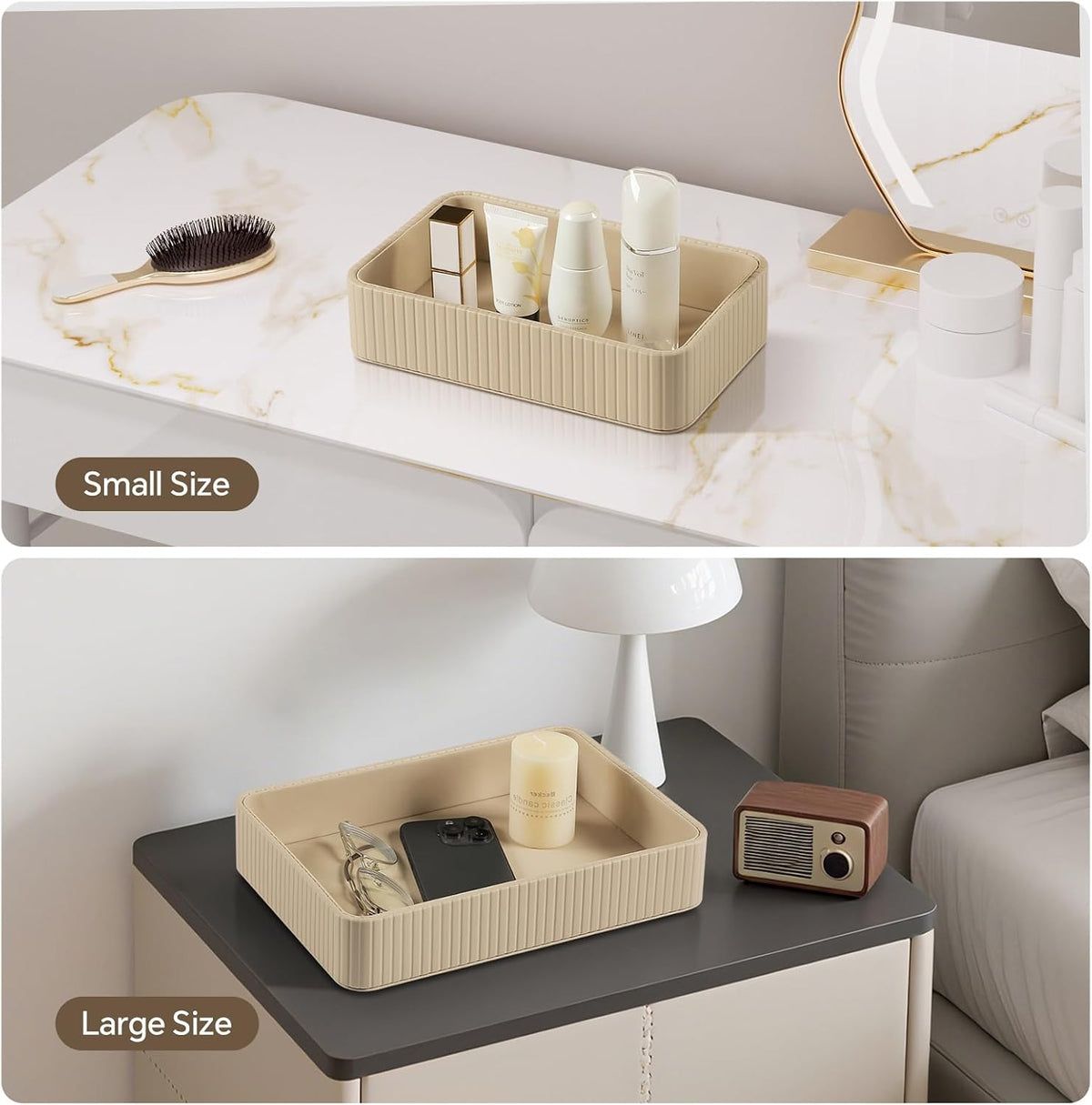 Desk Organizer Tray, PU Leather Nightstand Organizer, Ivory, Small
