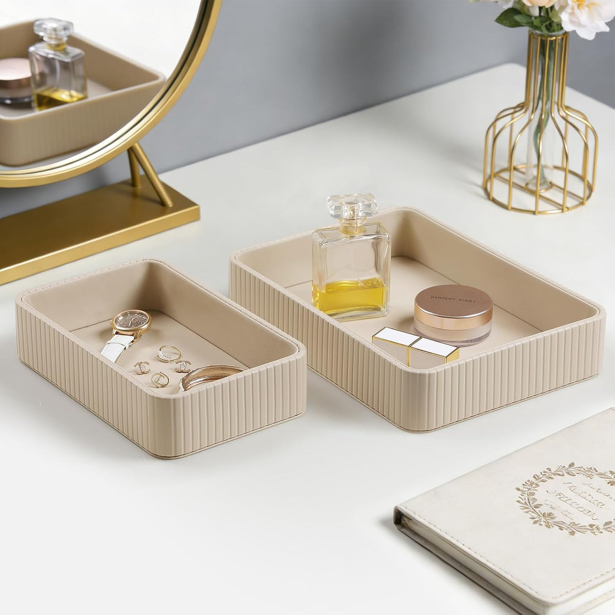 Desk Organizer Tray, PU Leather Nightstand Organizer, Ivory, Small