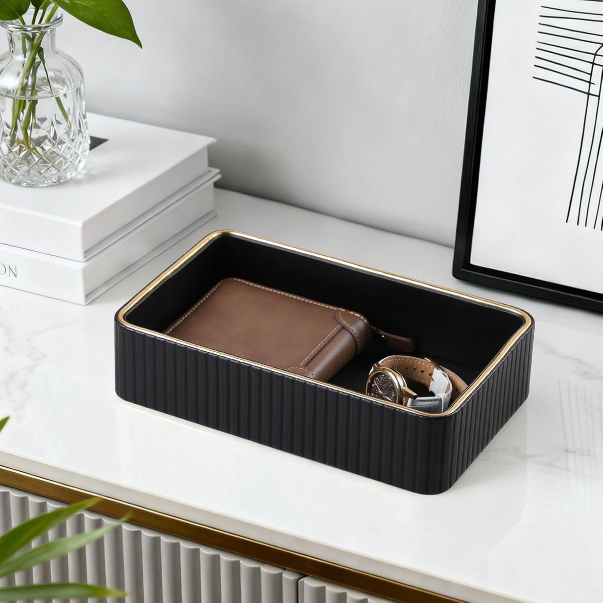 Desk Organizer Tray, PU Leather Nightstand Organizer, Ivory, Small