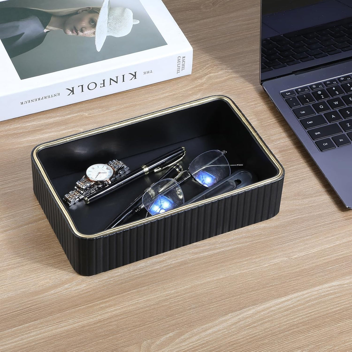 Desk Organizer Tray, PU Leather Nightstand Organizer, Ivory, Small