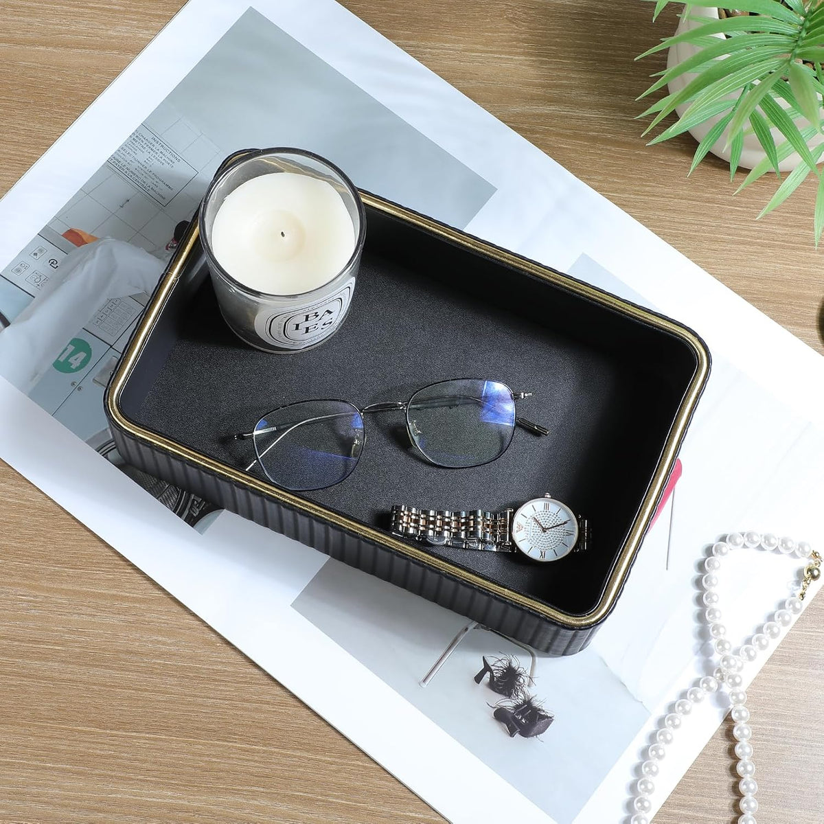Desk Organizer Tray, PU Leather Nightstand Organizer, Ivory, Small