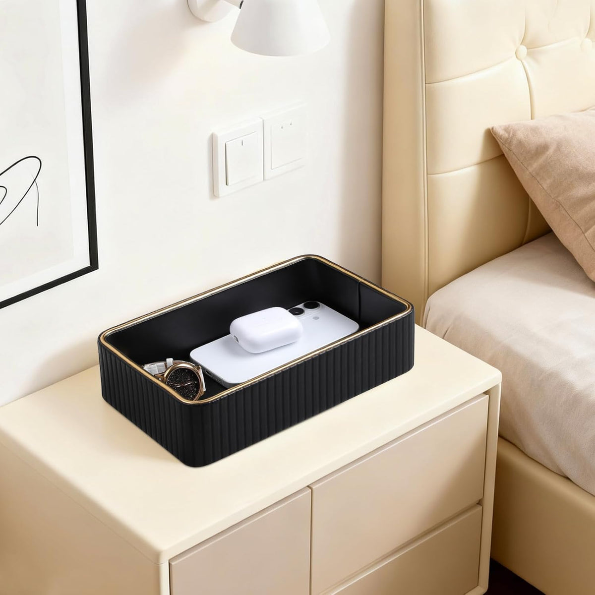 Desk Organizer Tray, PU Leather Nightstand Organizer, Ivory, Small
