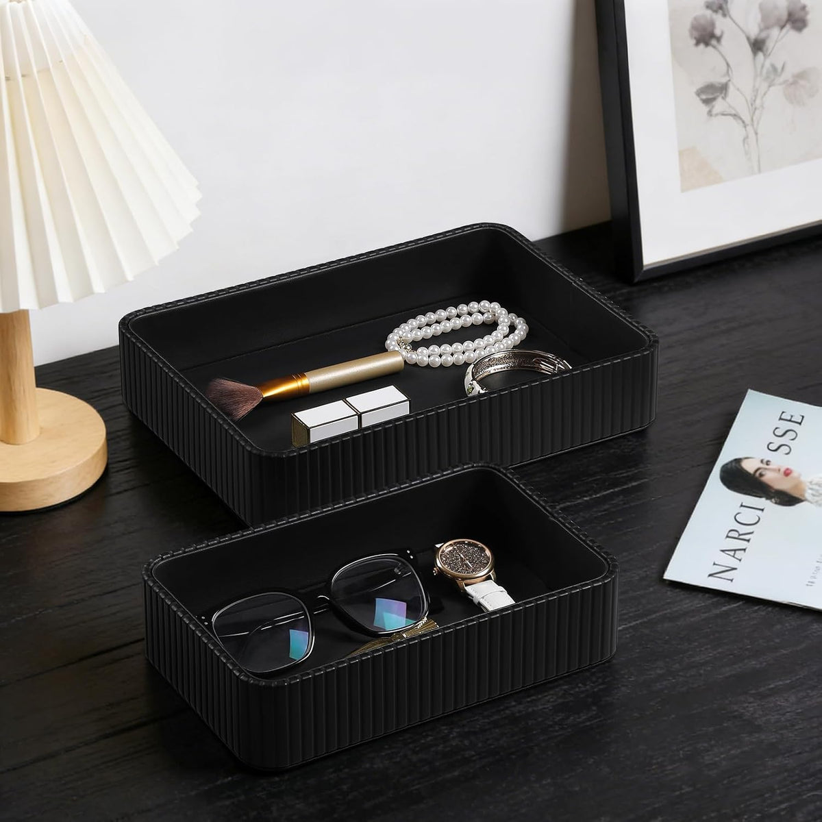 Desk Organizer Tray, PU Leather Nightstand Organizer, Ivory, Small