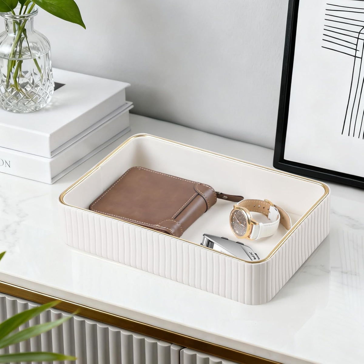 Desk Organizer Tray, PU Leather Nightstand Organizer, Ivory, Small