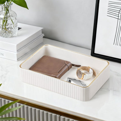 Desk Organizer Tray, PU Leather Nightstand Organizer, Ivory, Small