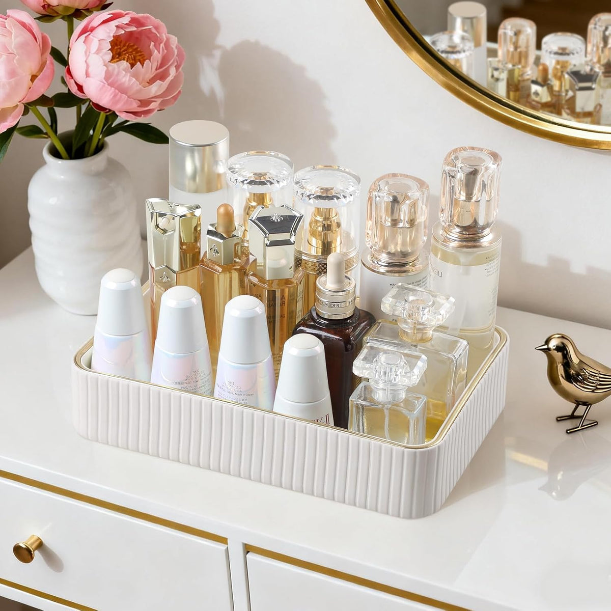 Desk Organizer Tray, PU Leather Nightstand Organizer, Ivory, Small