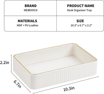 Desk Organizer Tray, PU Leather Nightstand Organizer, Ivory, Small